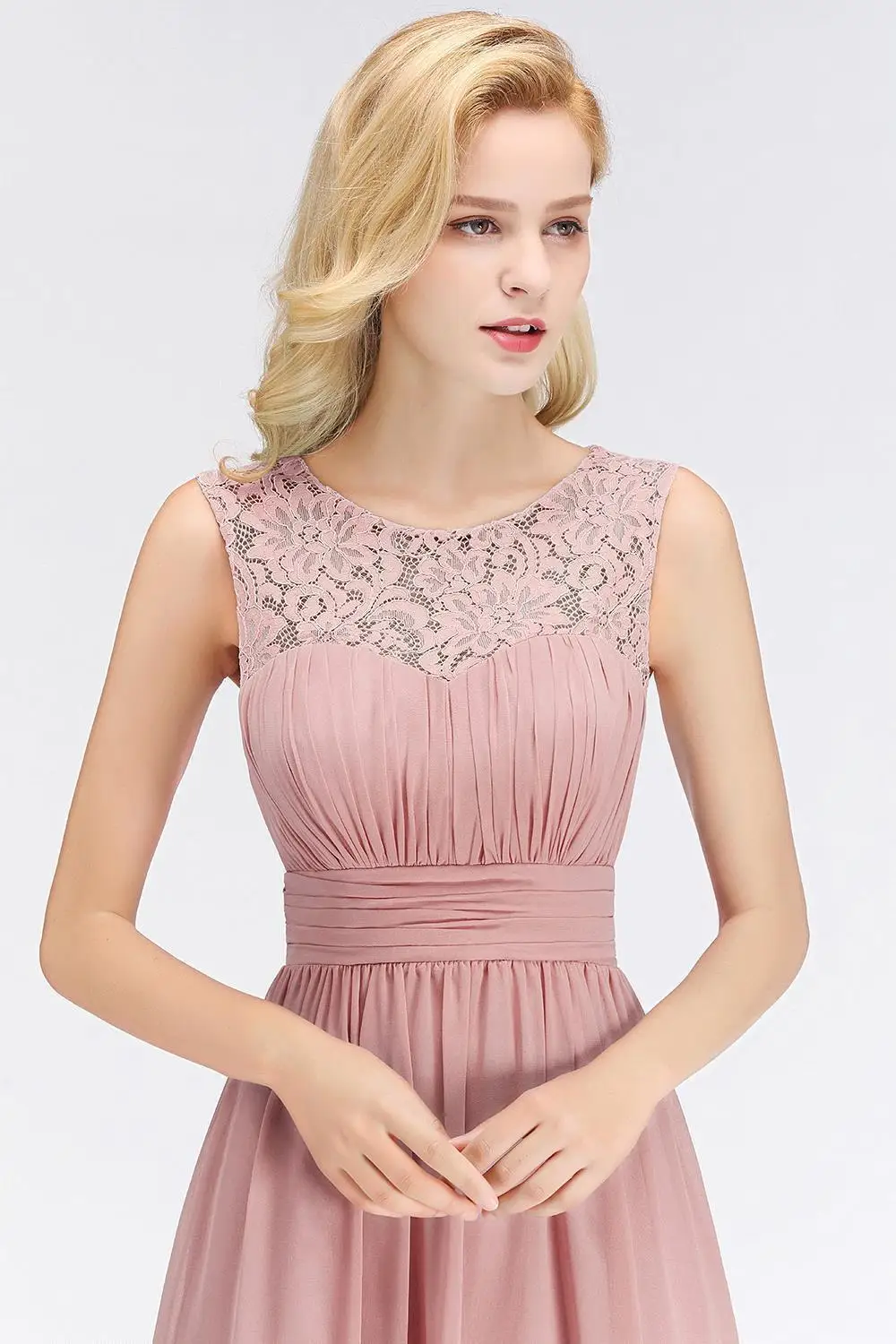 Vestidos de encaje Rosa polvoriento para dama de honor, Vestido largo de gasa de ilusión y cuello con cremallera elegante para invitados de boda, fiesta Formal, 2024