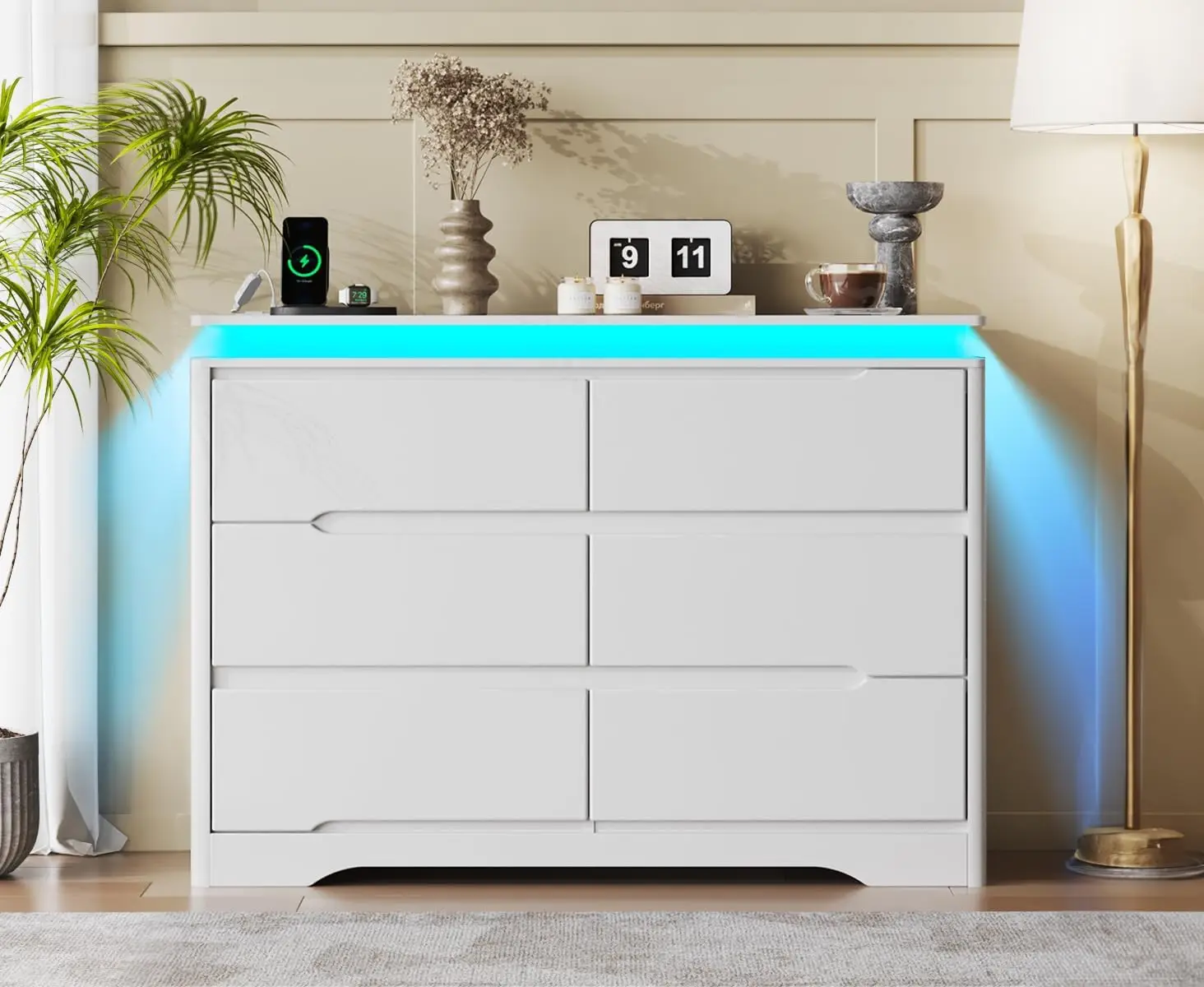 Fameill White Dresser For Bedroom, 6 Drawer Dresser With Led Lights, Modern Dresser Organizer With Charging Station, Double