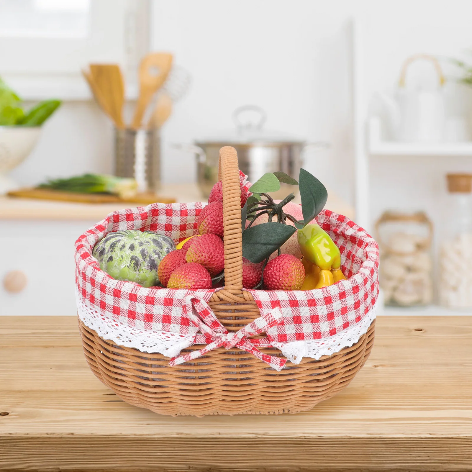 

Imitation Rattan Handwoven Storage Baskets Sturdy Handles Portable Fruit Vegetable Snacks Basket Natural Home for Indoor