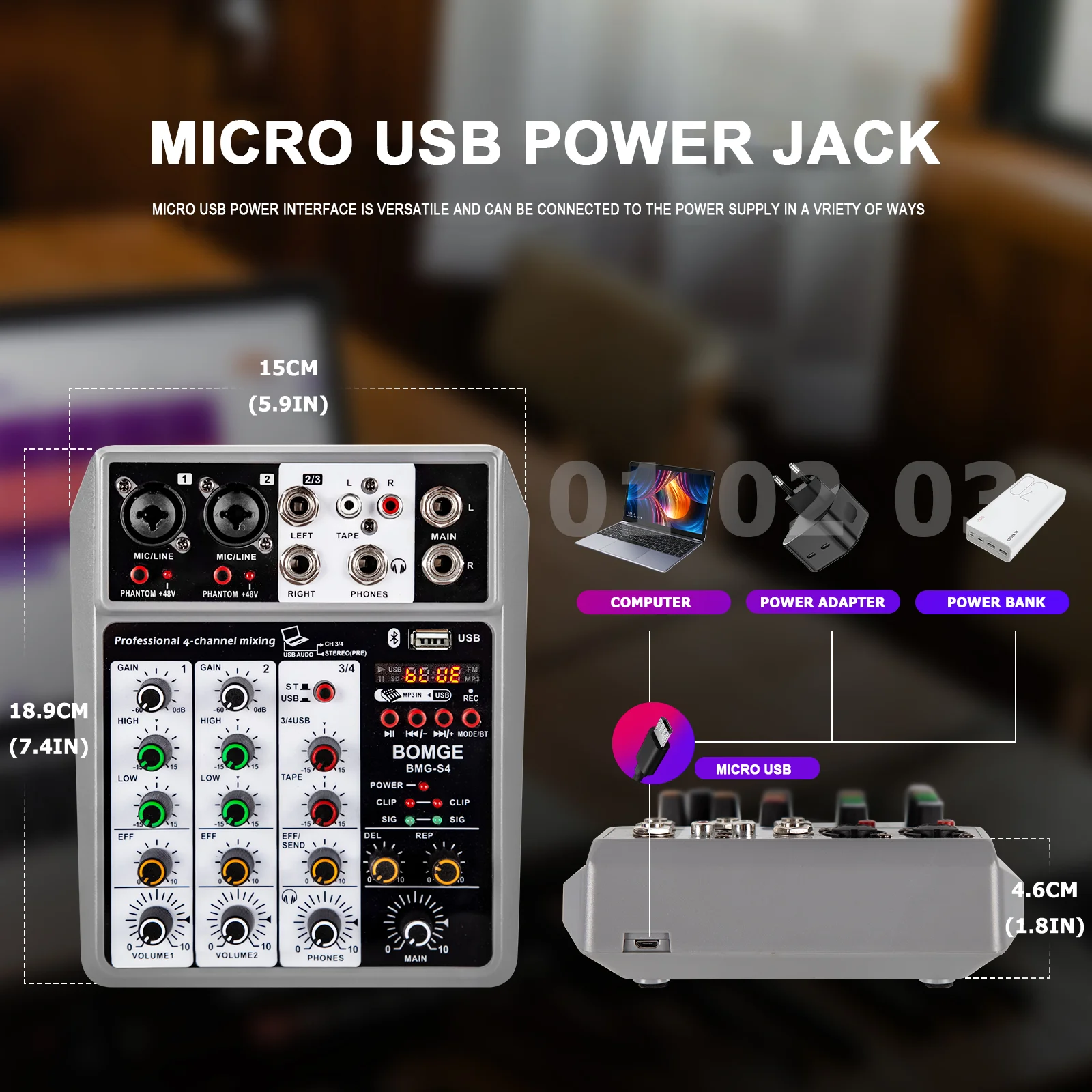 جهاز مزج الصوت الاحترافي ذو 4 قنوات من BOMGE S4، وحدة تحكم خلط لوحة الصوت الرقمية المحمولة مع USB Bluetooth 48V Phantom Power #6