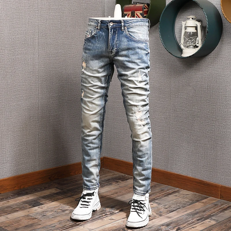 

Fashion Streetwear Men Jeans Retro Light Blue Elastic Slim Fit Ripped Jeans Men Patchwork Designer Vintage Casual Denim Pants