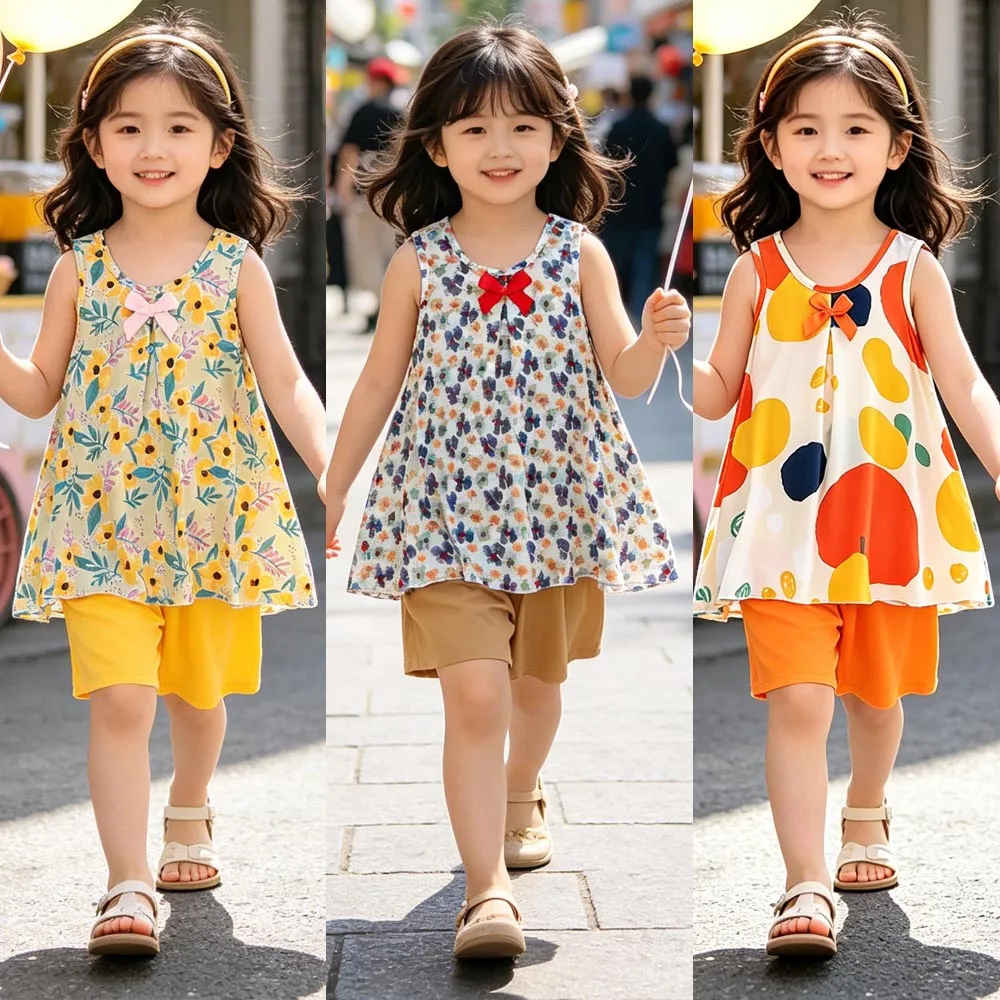 Girl Outfits Sets 3 to 4 5 6 7 8 9 10 11 12 13 14 15 16 Years Summer Floral Children's Clothing Black Red Tank Tops+Shorts Suit