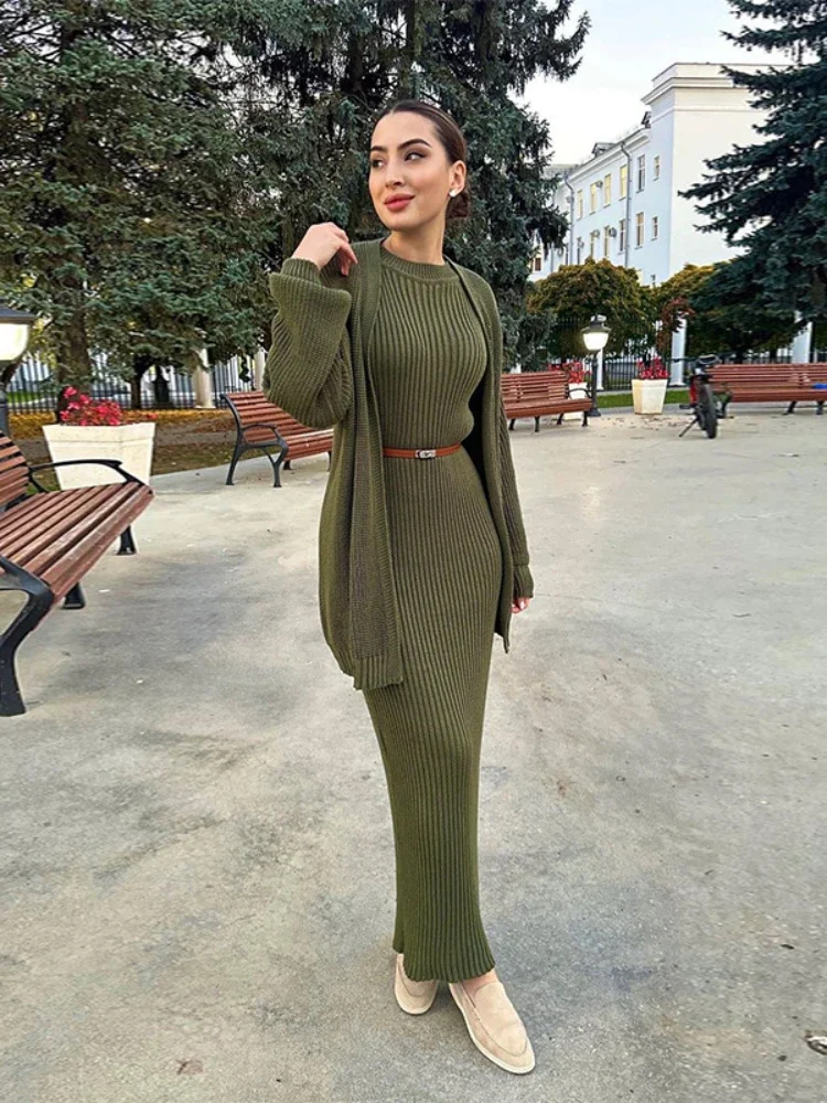 Long Dresses for Women 2023 Autumn Solid O-Neck Slim Long Dress Cardigan Knit Sets New in Matching Sets Fashion Women\'s Clothing