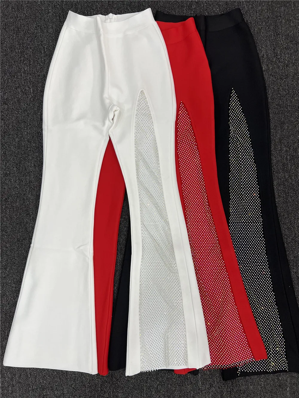 Women Elastic Diamonds Fishnet Patchwork Bandage Trousers White Red Black High Waist Flare Pants High Street Club Party Fashion