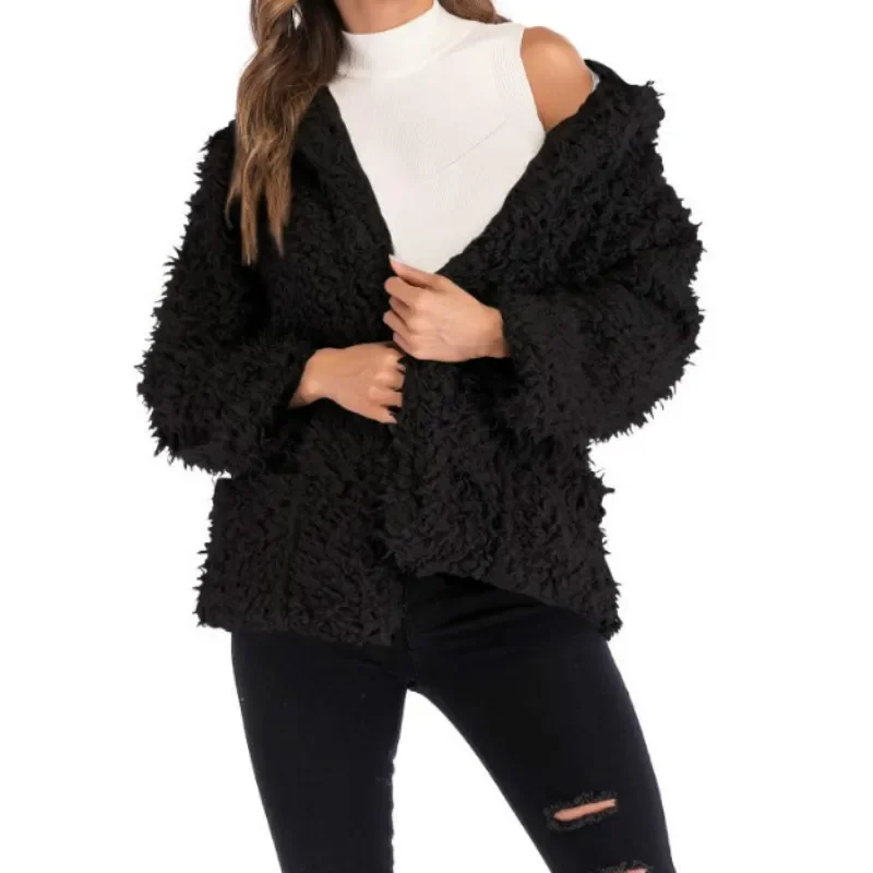 Mantel bulu beruang Teddy Wanita, Luaran lengan panjang halus warna polos, sweater kasual longgar musim gugur dan dingin