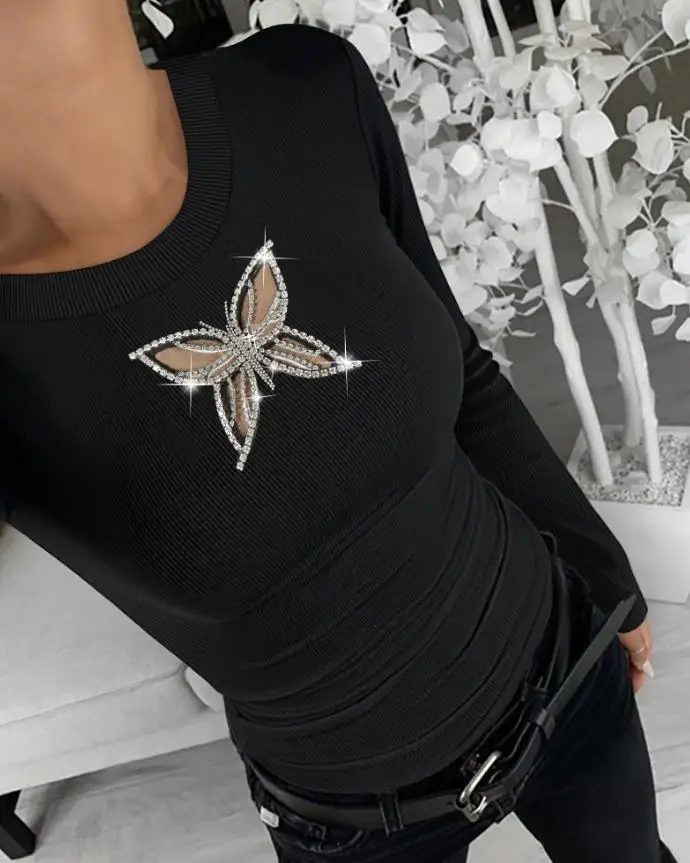 

Female Fashion T-Shirt Rhinestone Decor Butterfly Hollow-Out Long Sleeve Top Basics Women's Slim Ribbed Layering Top