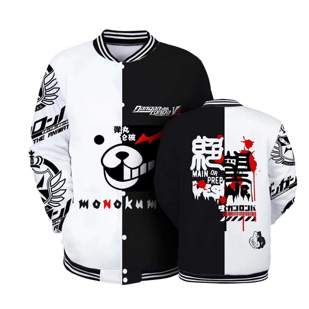 Danganronpa Monokuma Black White Bear 2022 Autumn Men's Pilot Bomber Baseball Jacket University Varsity Casual Harajuku Clothes