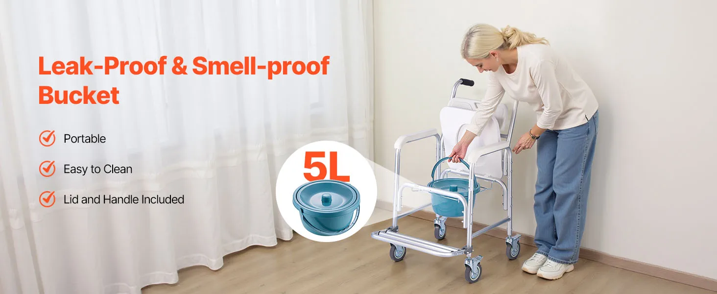 SucceBuy 350 lbs Bedside Commode Chair with Wheels 4-in-1 Portable Raised Toilet Seat with Padded Seat/Backrest/Flip-up Footrest