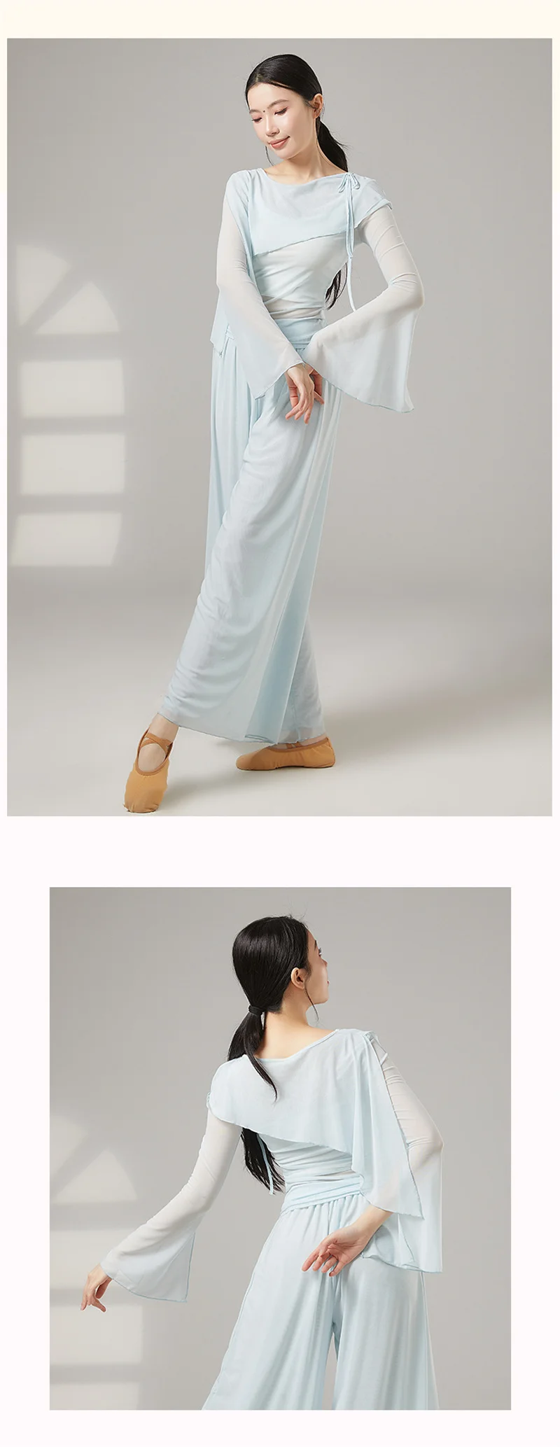 Damen Klassisches Tanz-T-Shirt mit ausgestellten langen Ärmeln, doppellagigem transparentem Netzstoff, für Erwachsene, modernes Tanz-Oberteil, lateinamerikanisches Ballett, elegantes Kostüm – Detail 3