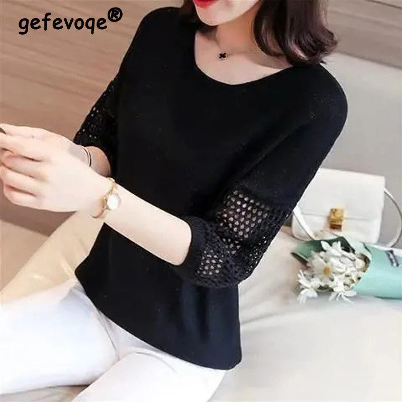 

Spring Fall Sexy Hollow Half Sleeve Loose Simple Sweet Basic Knitted Sweater Women Casual Solid Pullover Top Female Clothing2022