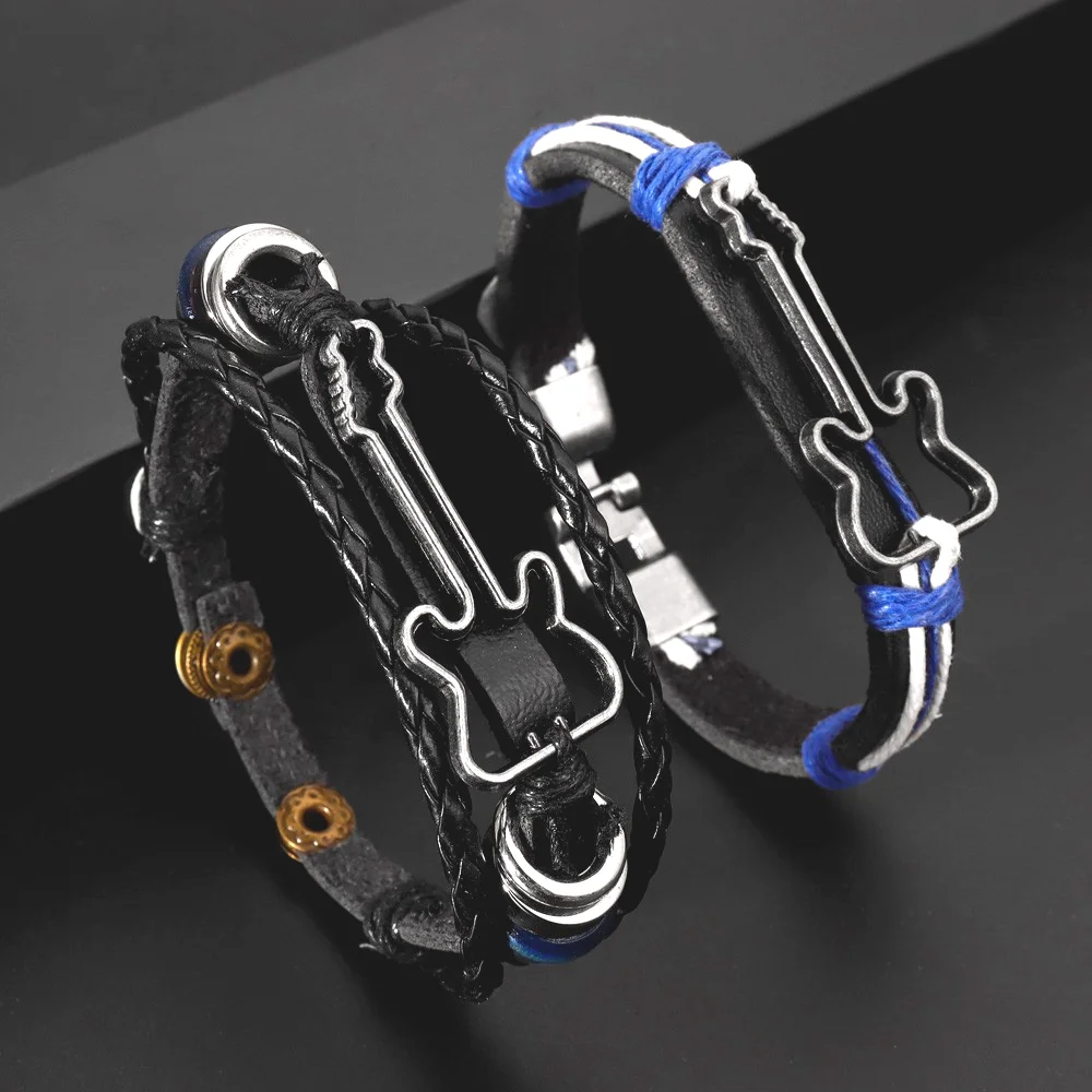 

Hollow Bass Guitar Design Multilayer Leather Wove Bracelet Alloy Bead Handmade Woven Men Bracelet Brooch Jewelry Accessory Gift