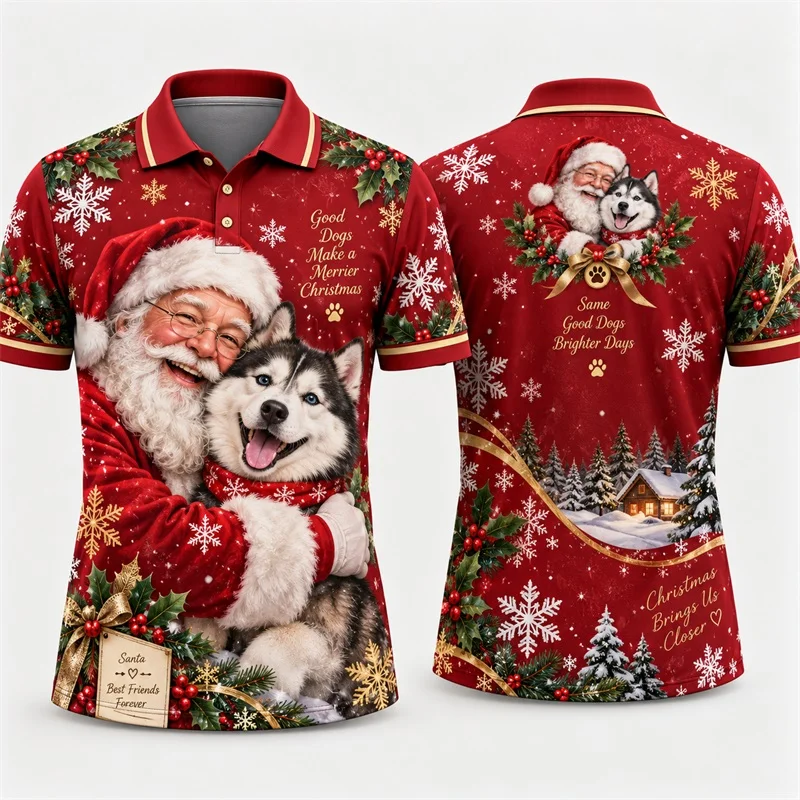 Men Santa Hug Husky Dog Christmas Print Polo Shirt Short Sleeve Lapel tee Tops Snowflake Holly Xmas polo shirt Wear For Men