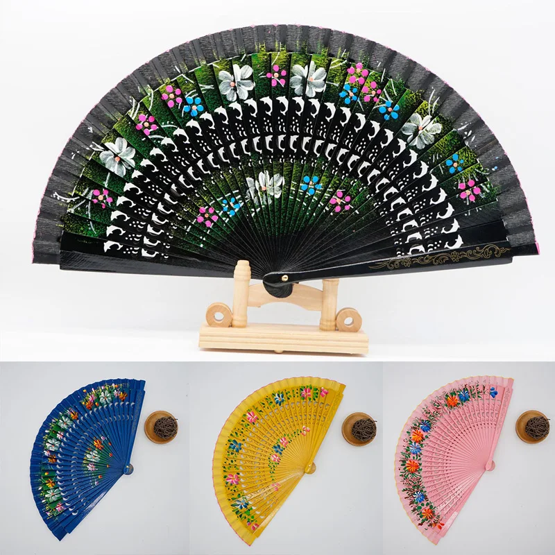 Spanish Painted Wood Folding Fan Classical Dance Performance Folding Fan Hollow Carving Hand Fan Crafts Home Decor Photo Props