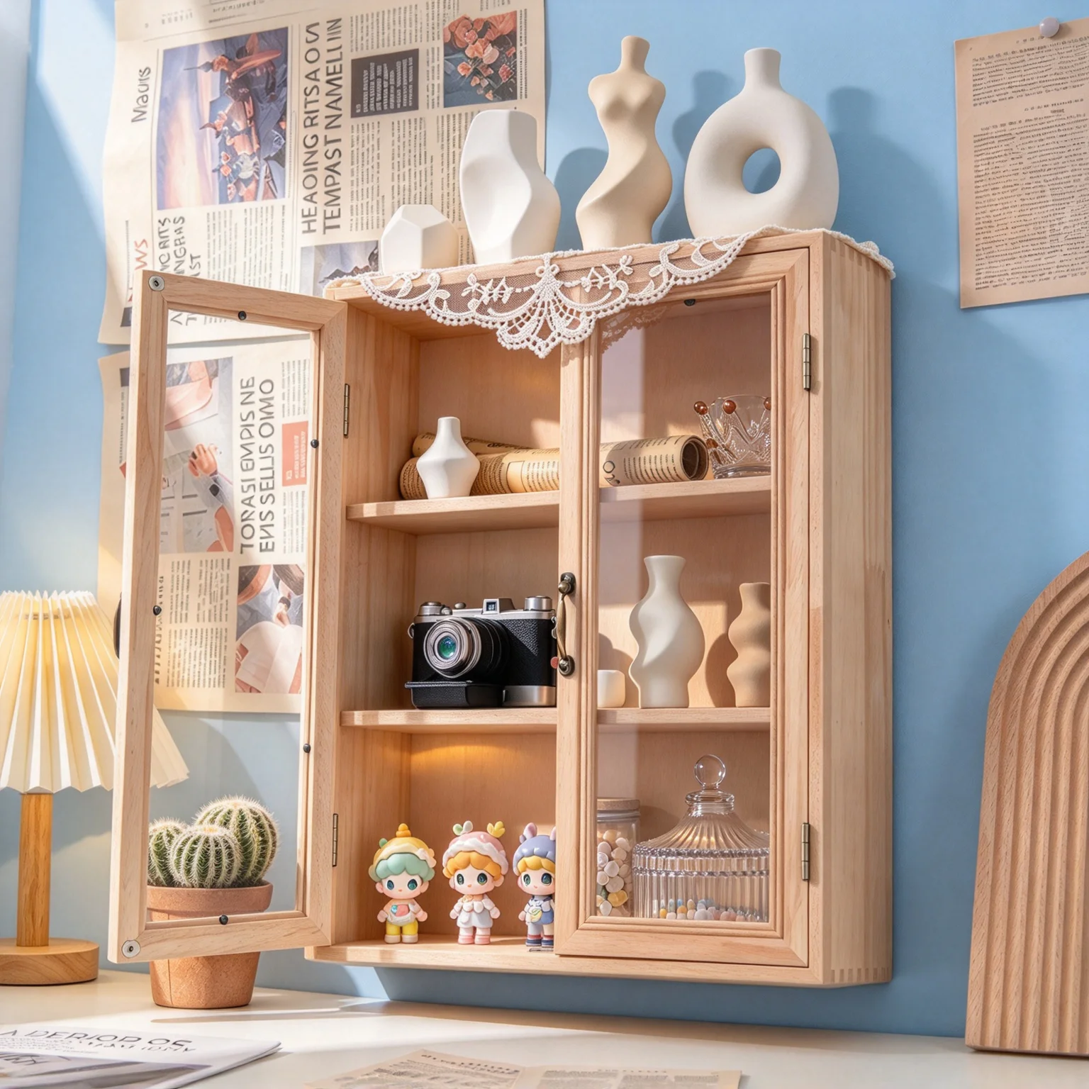 Vitrine de présentation à 6 niveaux en bois massif avec portes en verre, vitrine à effets de profondeur pour boîtes surprises avec 3 marches amovibles, présentoir mural pour objets de collection