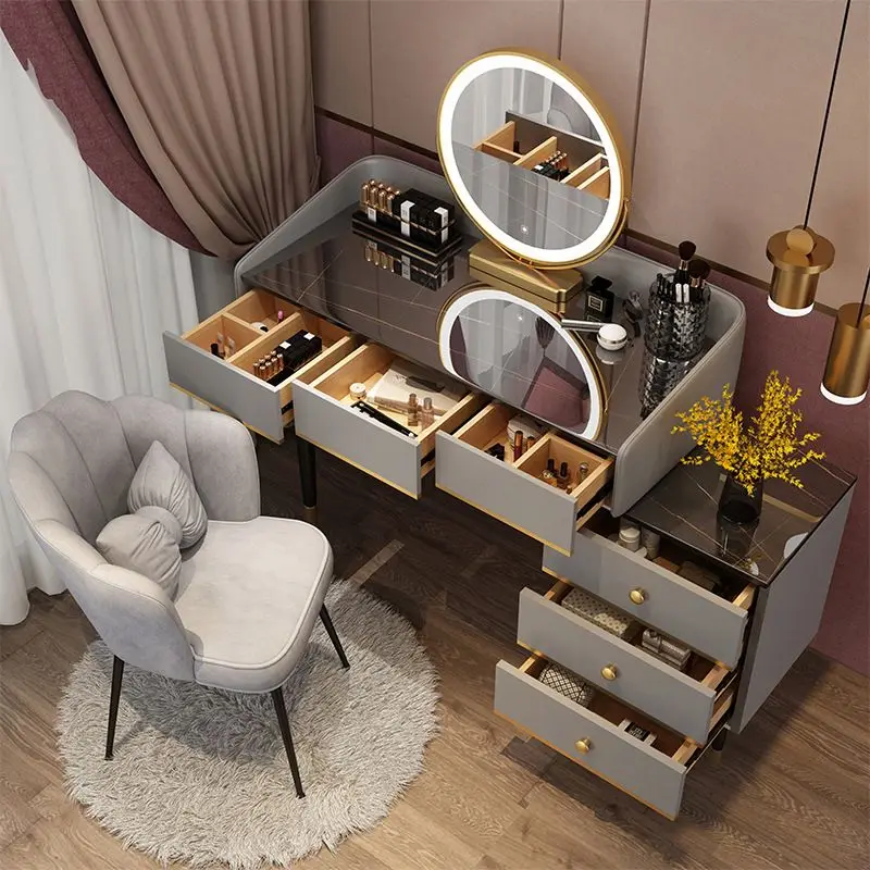 

Modern Simple Bedroom Dressing Table Ins Style Storage Dressing Table Integrated Light Luxury Dressing Table Makeup Cabinet