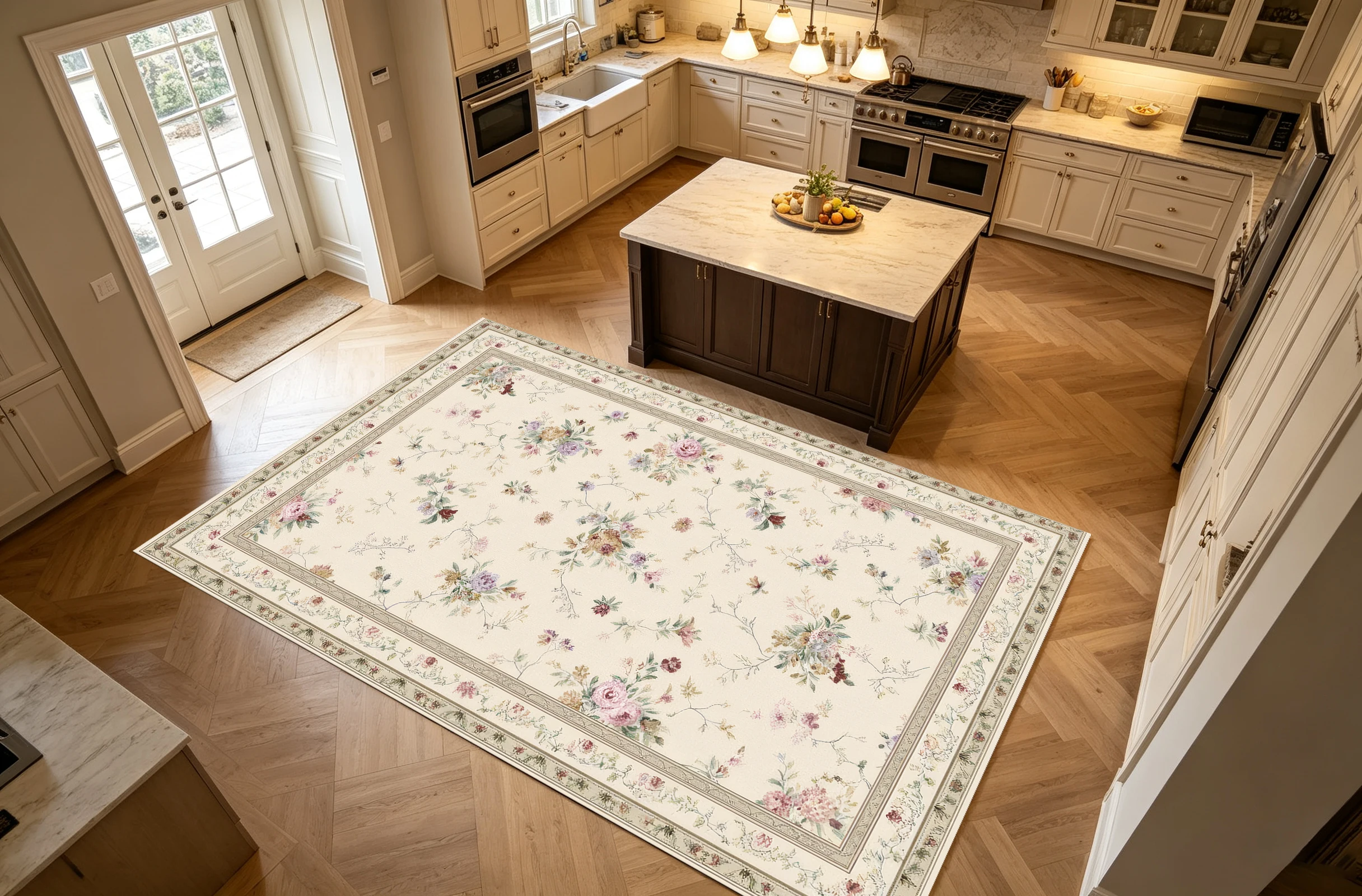 Cream‑Base Pastoral Floral Area Rug, Romantic Scattered Floral Print, for Autumn Winter Home Renovation, Decor for Large Living Room