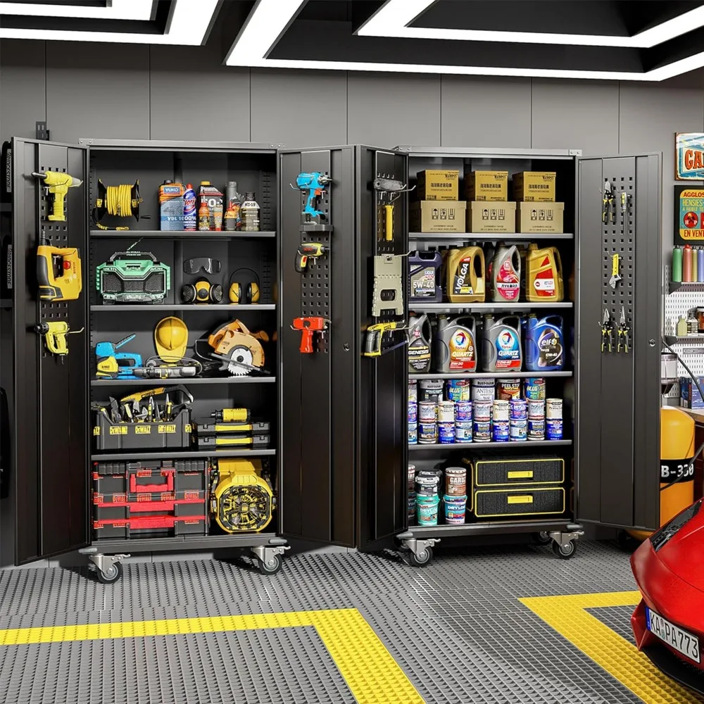 ตู้เก็บของโลหะแบบมีล้อ ขนาดสูง 72 นิ้ว 2 ประตู ชั้นวางปรับได้ ทำจากเหล็กสีดำ สำหรับจัดระเบียบโรงรถ
