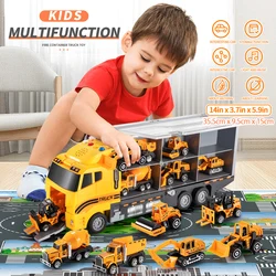 TEMI Big Container Transporter Playset con tappetino da gioco e 6 pezzi Mini Engineering Vehicle Car Model Toys For Kids Boys Gifts