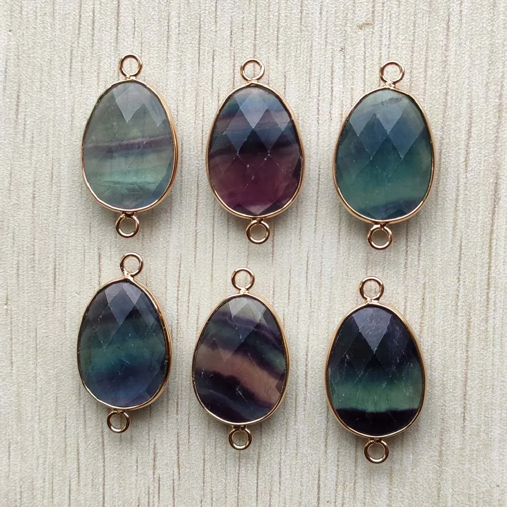 

Beautiful Natural fluorite stone section water drop gold color Connector pendants for jewelry accessories making wholesale 6pcs