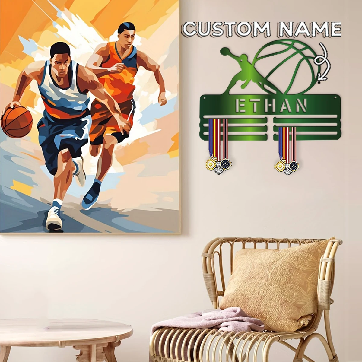 1Pc Custom Cool basketball design Colorful Metal Medal Holder, For Room Porch Garden Fence room Decor, Party Birthday Gift