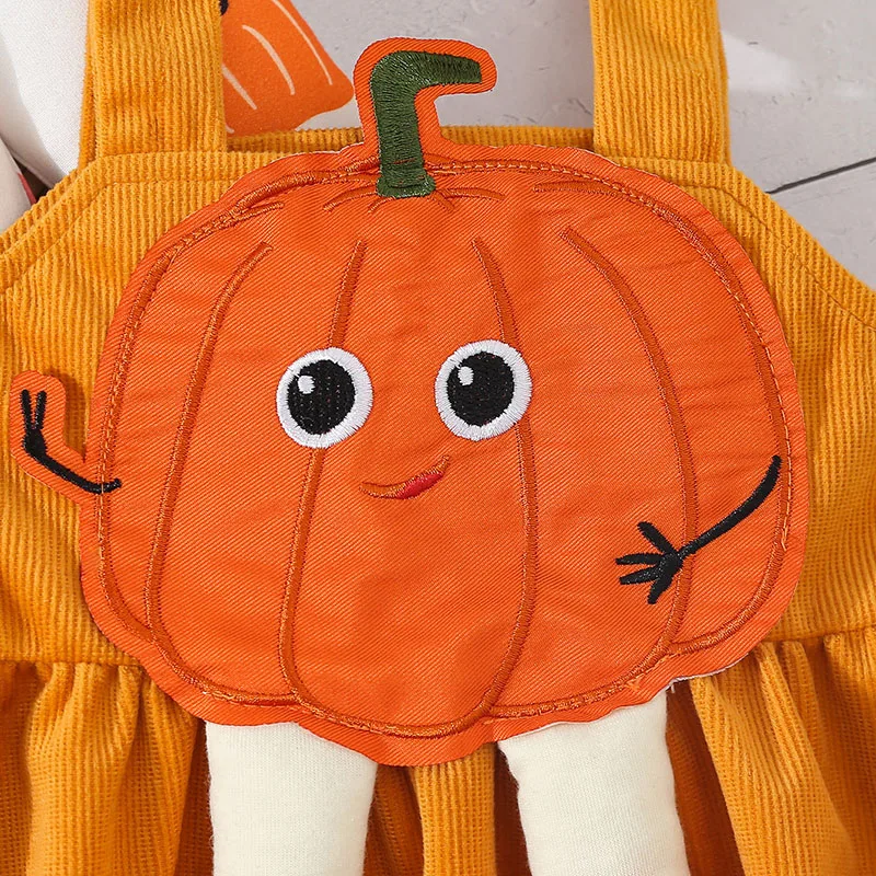 MILANCEL New Halloween Baby Bodysuit Set Infant Sweet Cartoon Pumpkin Jumpsuit + Corduroy Suspender Skirt +Hair Band