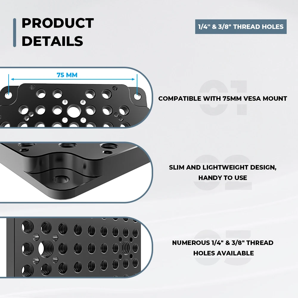 لوحة تركيب كاميرا HDRig VESA لوحة جبن متعددة الأغراض مع حامل VESA مقاس 75 مم، مع فتحات خيط 1/4 بوصة و3/8 بوصة لوح أساسي