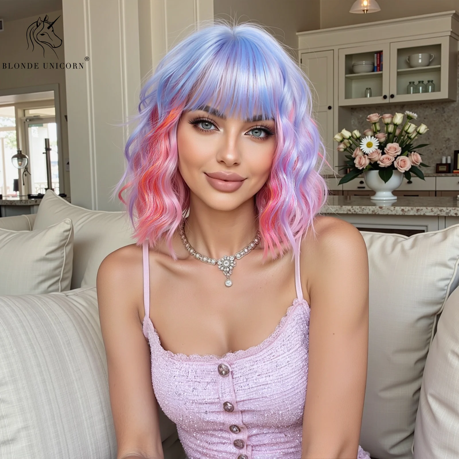 Blonde Unicorn Short Bob Synthetic Wigs Blue Pink Purple with Bang Cosplay Natural Hair Colorful Women Wig Heat Resistant Fiber