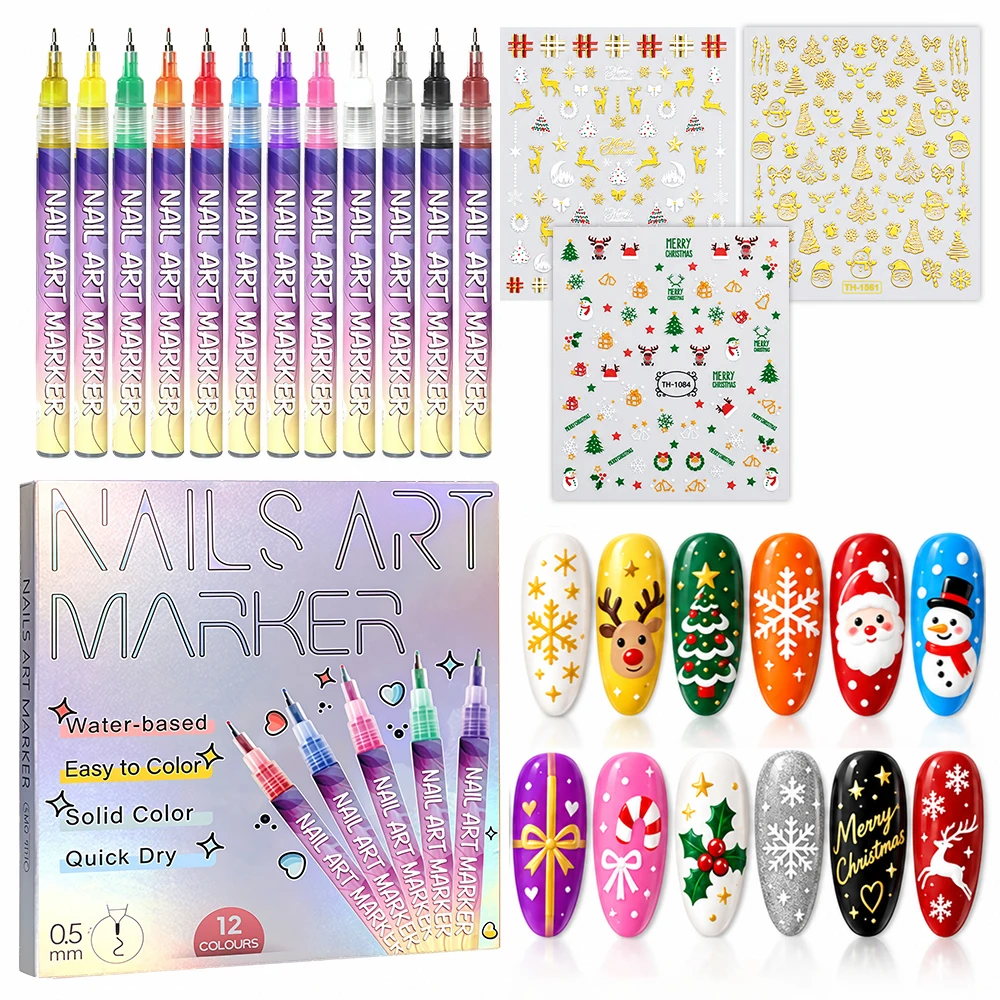 12 Colors Nail Art Pens Set with 3 Christmas Nail Stickers 0.5mm Fine Tip Nail Art Markers for Drawing Manicure DIY Design