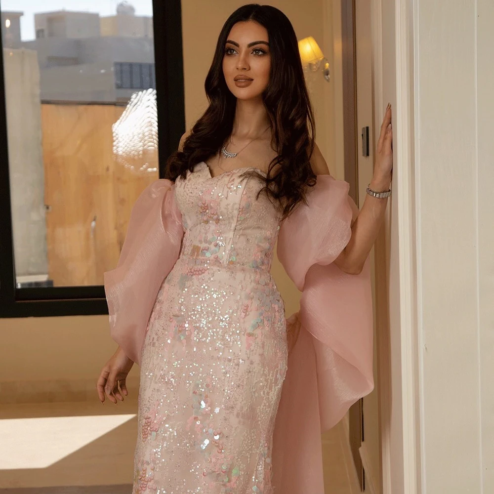 

Customized Sweet Heart Pink Mermaid Formal Evening Dress Sparkly Sequined Backless Party Gown Appliques Floor Length Prom Gowns