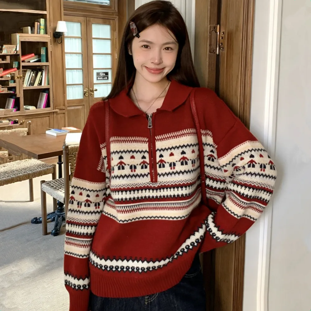 

Новый зимний красный вязаный свитер с воротником на молнии, свободного кроя, больших размеров, с узором «Фейр-айл», для женщин, повседневная одежда