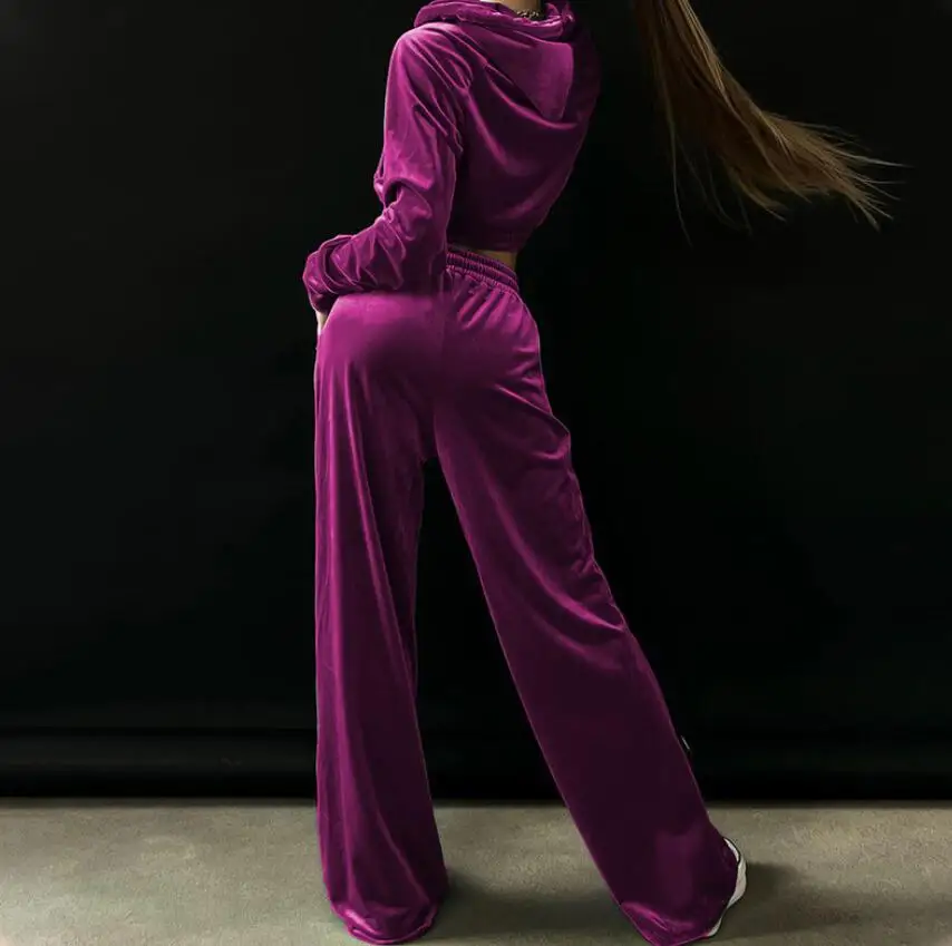 New Fashion Sports and Leisure Long Sleeve Solid Color Zipper Hoodie + Elastic Waist Drawstring Wide Leg Pants For Women,3 Color