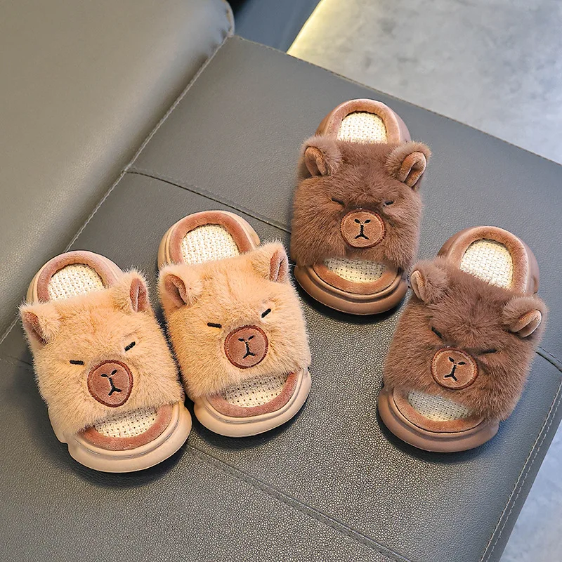 

Children Capybara Spring Autumn Linen Slippers Girls Cute Cotton Linen Breathable Casual Shoes Boy Platform Home Cotton Slippers
