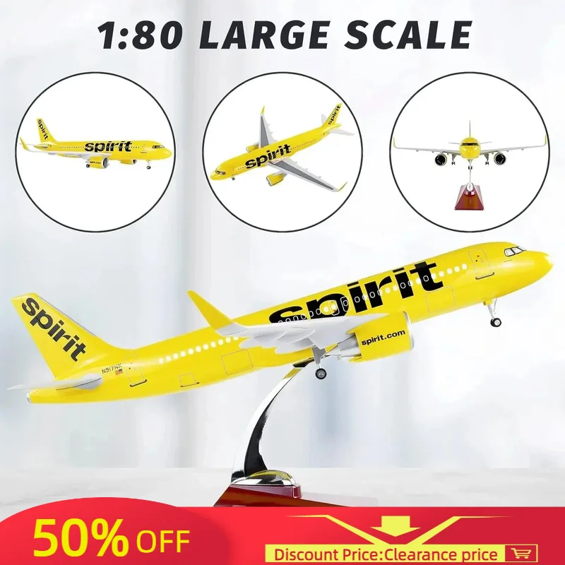 

1:80 Scale Large Airplane Model Spirit Airlines Airbus 320 Plane Model Diecast Airplanes with LED Light for Collection or Gift