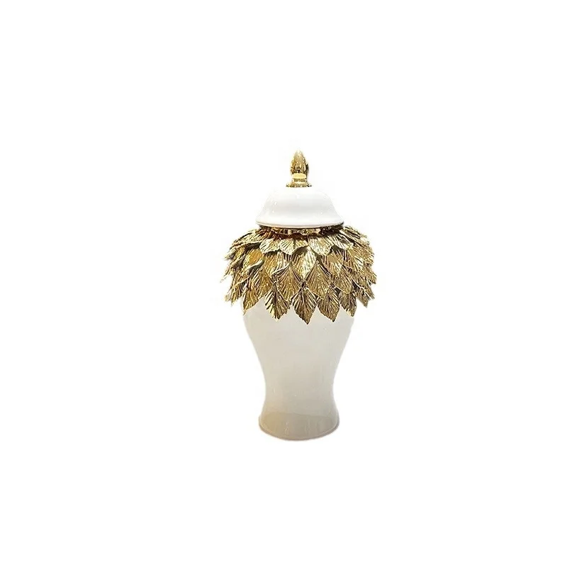 

&c Light Luxury Handcrafted White Ceramic Vase Elegant Gold Plating Floral Leaf Ceramic Ginger Jar for Hotel Desktop Home Decor