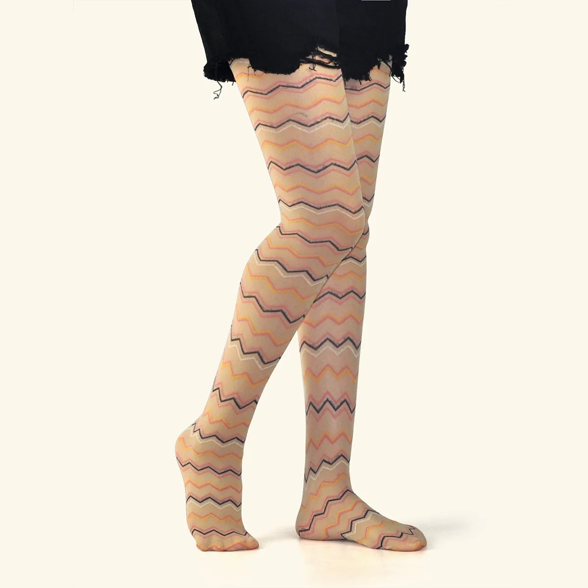 

Fashion Personality Color Wavy Women's Pantyhose Summer Thin Sheer Fold Line Jacquard Beige Lolita Hottie Playful Nylon Tights