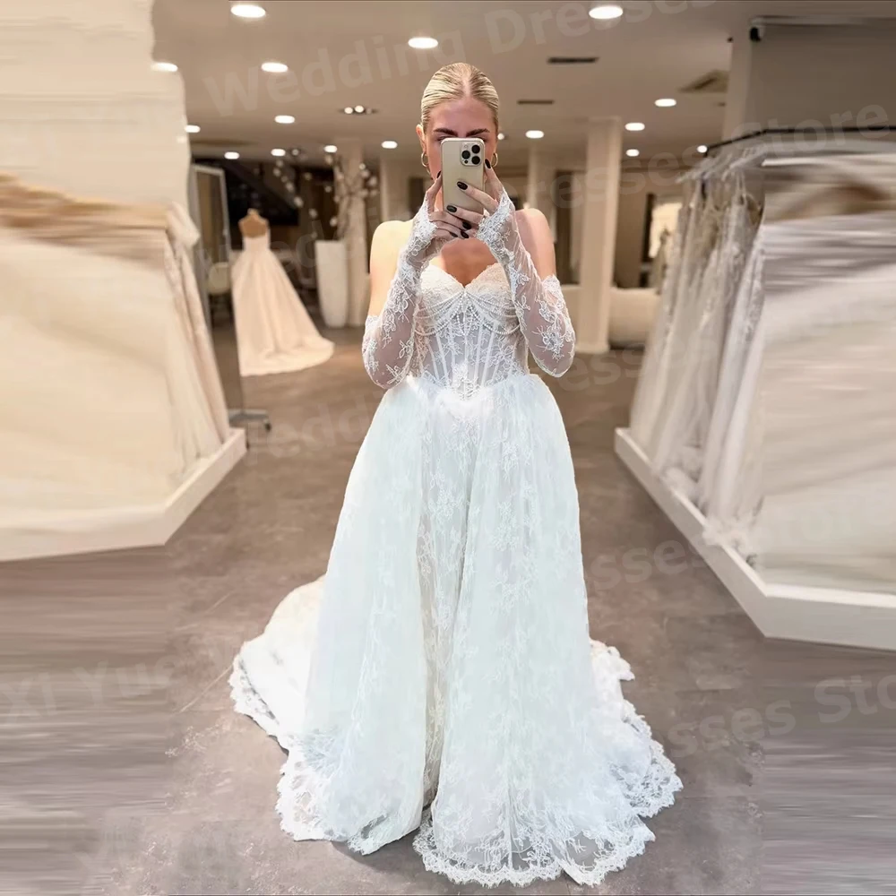 Fascinating A Line Women's Lace Wedding Dresses Vestido De Novia Sweetheart Long Sleeve Bride Gowns Customized Robe De Mariée