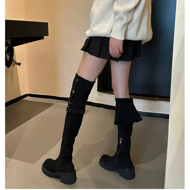 Autumn New Women\'s Over The Knee Boots Fashion Round Toe Chunky Heel Suede Riding Boots for Women Dress Ladies Platform Shoes