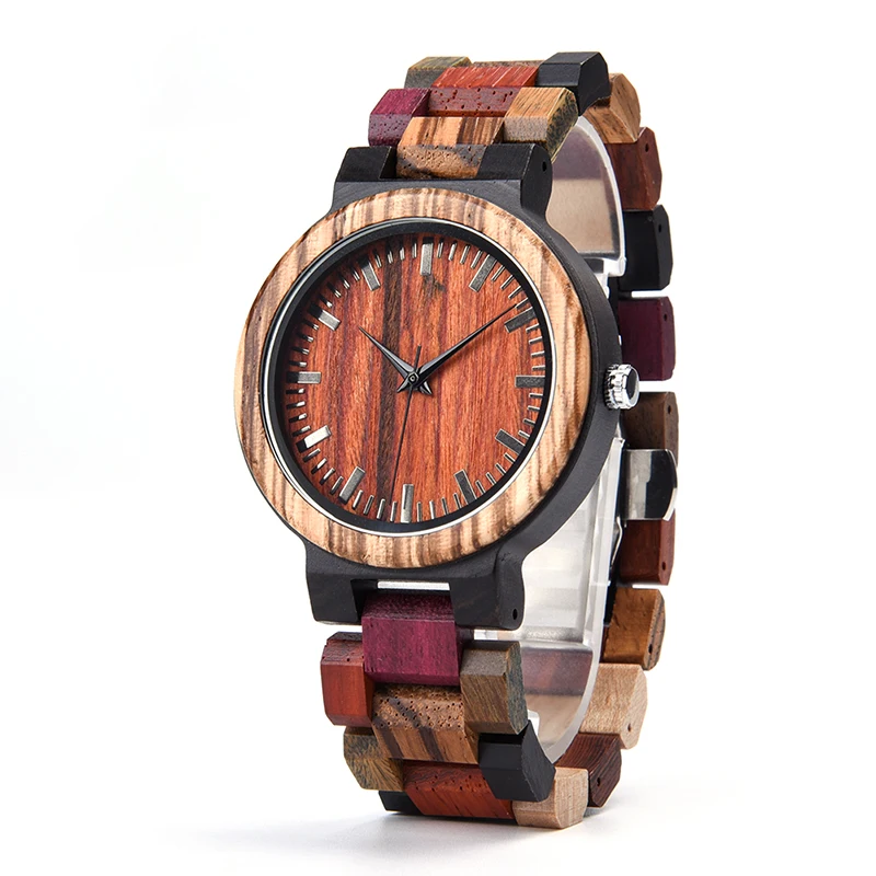 Round Mixed Color Wood Watch Glossy Surface Quartz Movement Fashion Pointer Wristwatch