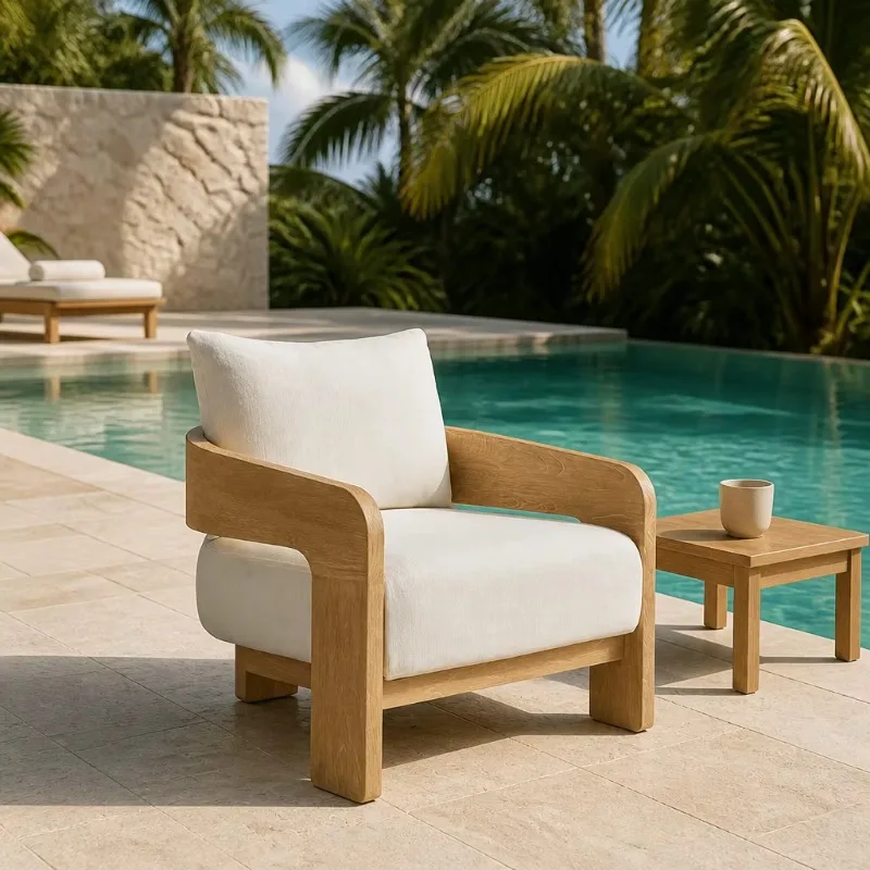 Outdoor Teak Single Sofa with Cushion Modern Simple Leisure Sofa Garden Terrace
