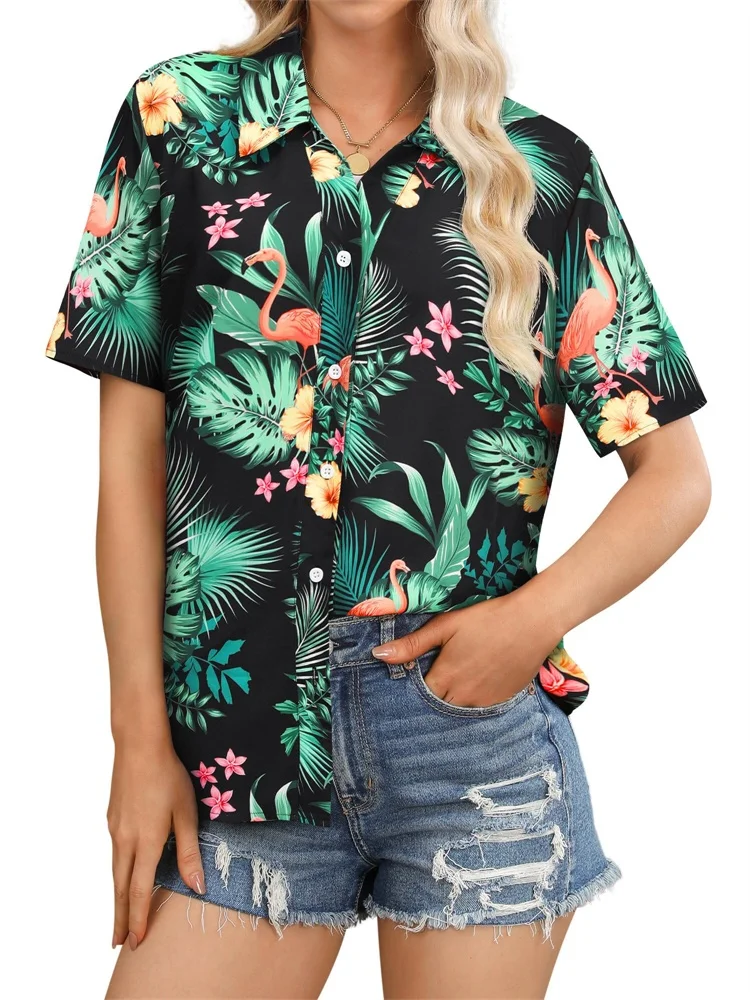 Kemeja Lengan Pendek Wanita Baru 2025 dengan Dasar Hitam dan Cetakan Tanaman Tropis Merupakan Liburan Musim Panas Yang Modis dan Kasual