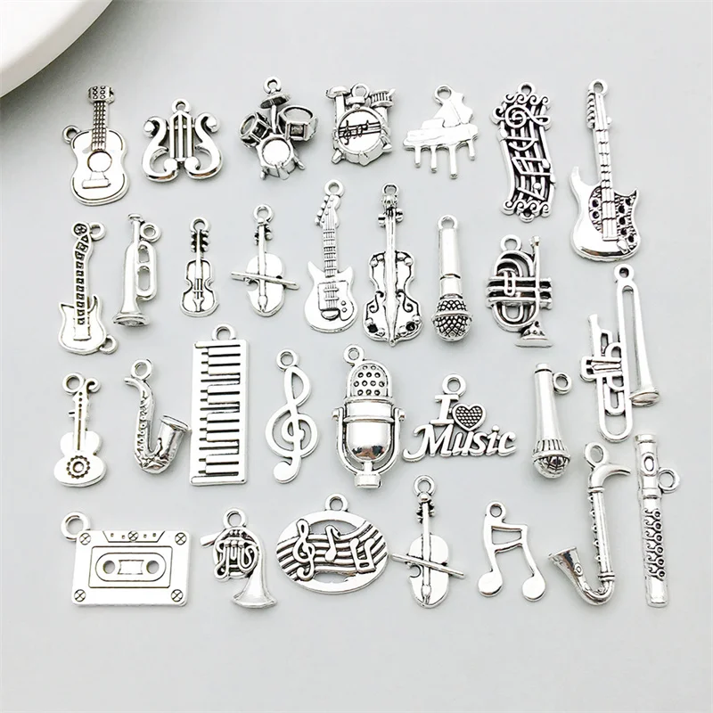 30PCS Mixed Styles Alloy Note Saxophone Guitar Piano Microphon Charms For Jewelry Making DIY Handmade Music Equipment Pendant