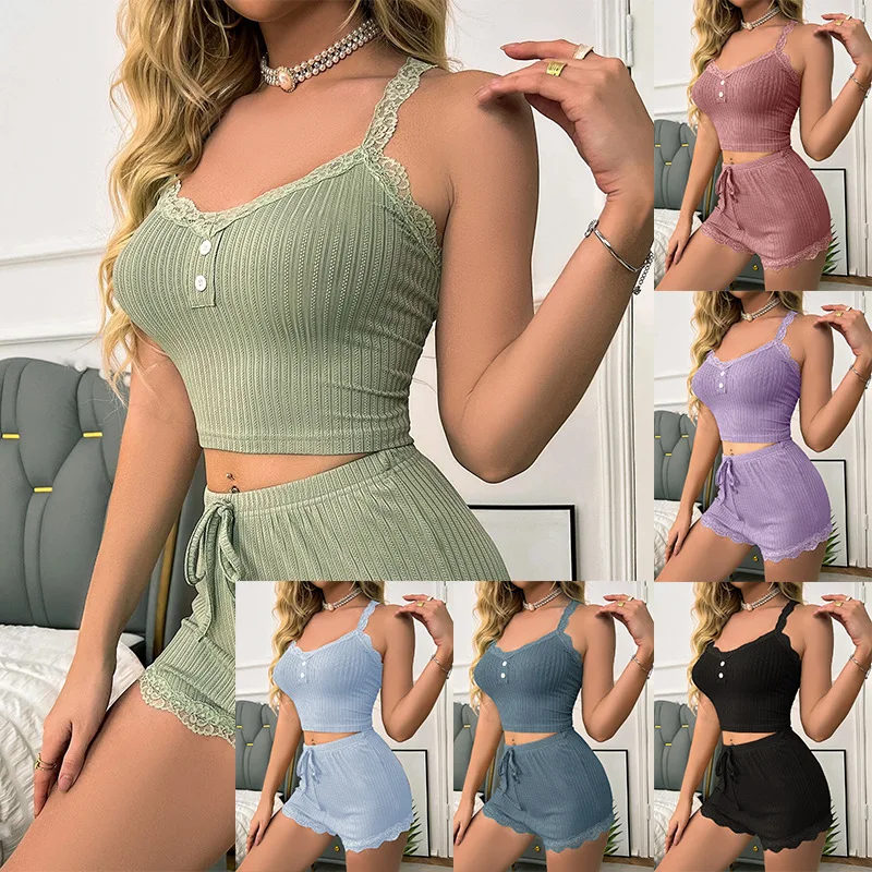 

Europe and America Sexy Women's Pajama Sets Button Lace Camisole Shorts Homewear Comfortable Pyjama Sexys Girl Soft Loungewear