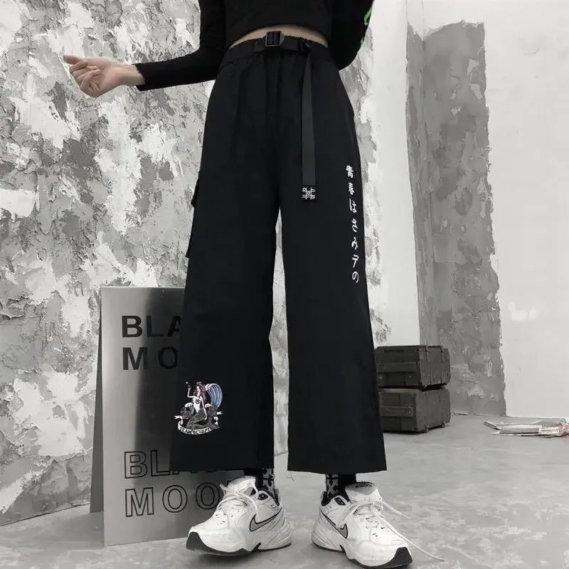 

2022 Anime Print High Waist Belt Wide Leg Pants Women Jogging Pants Korean Fashion Trousers Harajuku Loose Straight-leg Pants