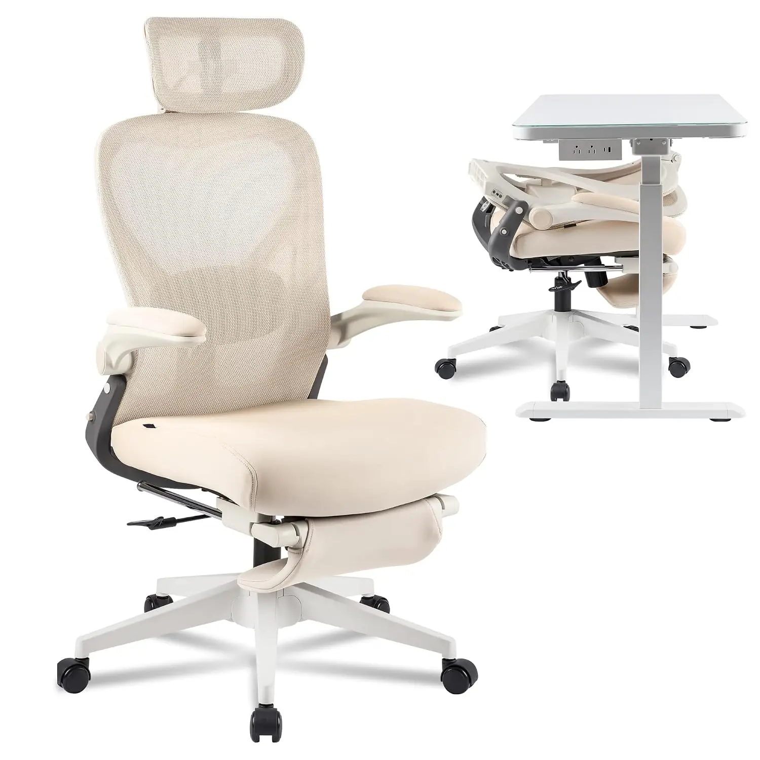 Mesh Ergonomic Office Chair Folding Cream Small Space Lumbar Support Flip Armrest 3D Headrest Footrest Memory Foam, Customized