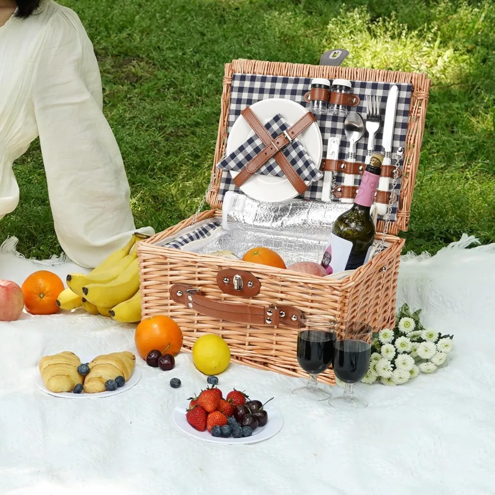 

Wicker Picnic Basket for 2 Person, Willow Hamper Basket Sets with Insulated Compartment, Handmade 2 Person Picnic Basket