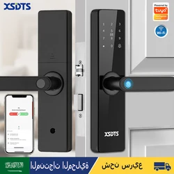 Fechadura inteligente eletrônica Tuya Wifi com impressão digital biométrica / cartão inteligente / senha / desbloqueio chave / carga de emergência USB