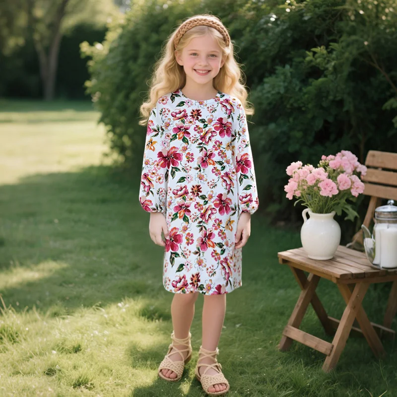 2025 Cross-border Hot Sale: Girls' Floral Print Long Lantern Sleeve Dress, Cute Casual Bohemian Children's Daily/Outdoor Wear