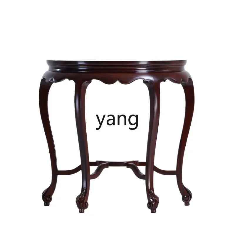 

YHM Chinese marble porch table, mahogany crescent table