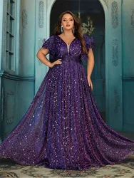 Plus Size V Neck Purple Colorful Sparkling Dinner Dance Prom Gown Dress Big Size Colorful Sparkling Bridesmaid Prom Dress