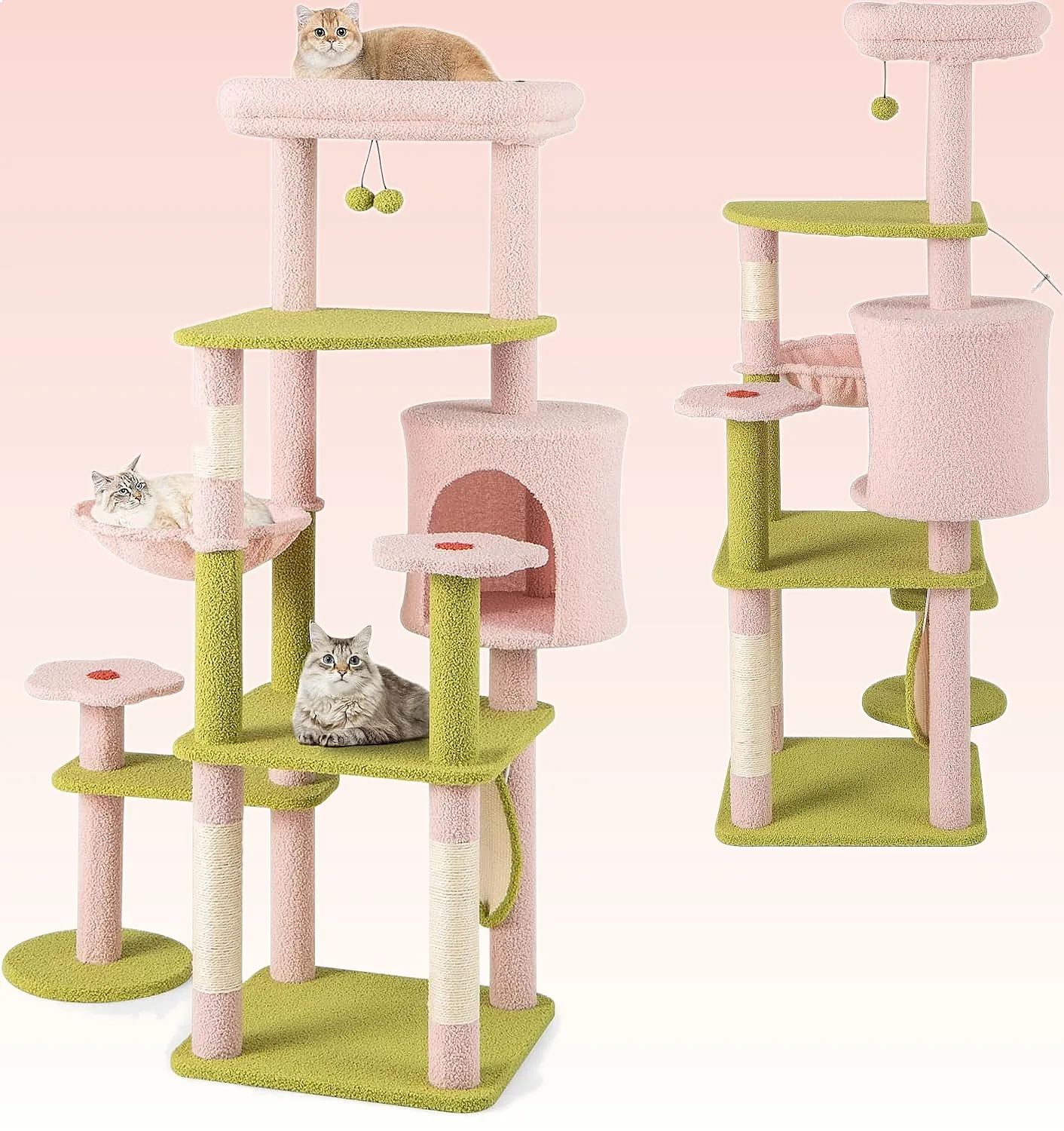 

PETSITE 58in Pink Cat Tree, Multi-Level Cat Tower with Sisal Posts, Condo, Basket & Dangling Balls for Indoor Cats